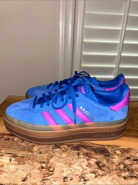 adidas Gazelle Women's Bright Blue Suede Sneakers with Hot Pink Stripes